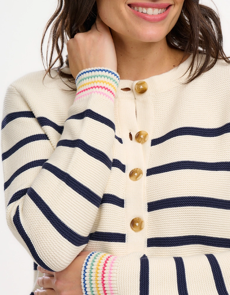 Anessa Cardigan Off-white/Navy Classic Stripe with Rainbow Cuffs