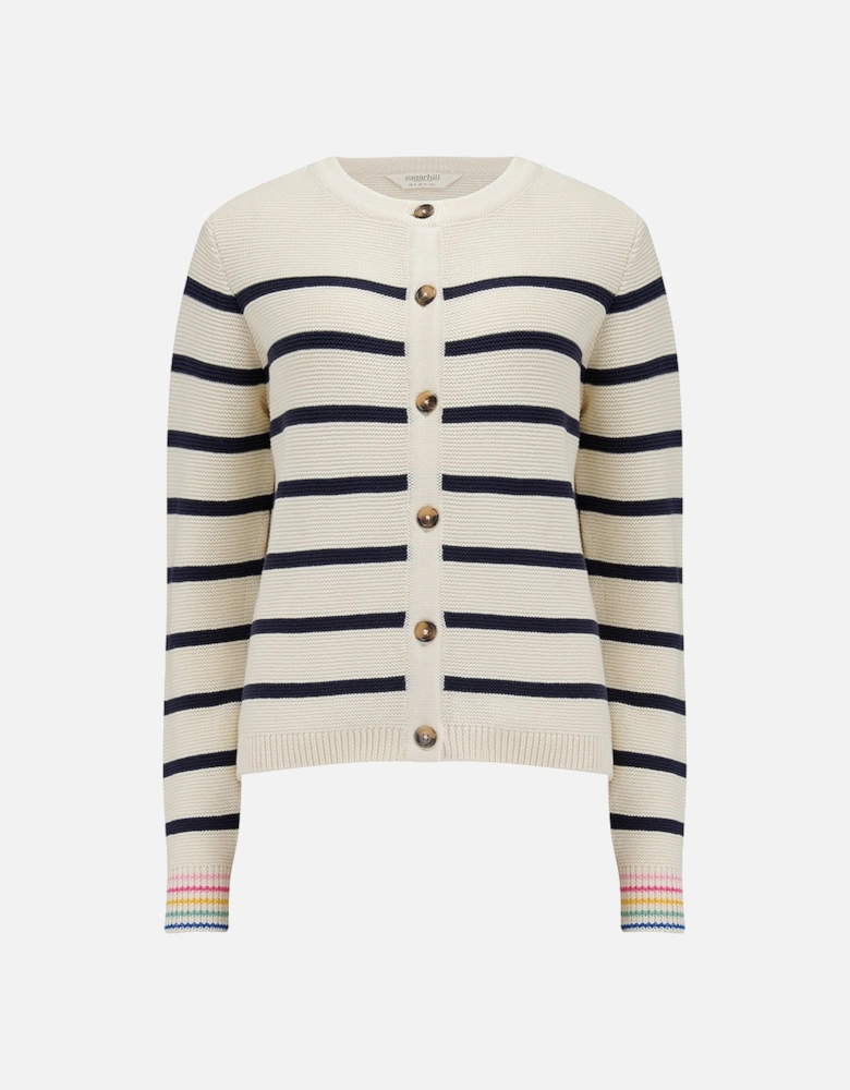 Anessa Cardigan Off-white/Navy Classic Stripe with Rainbow Cuffs