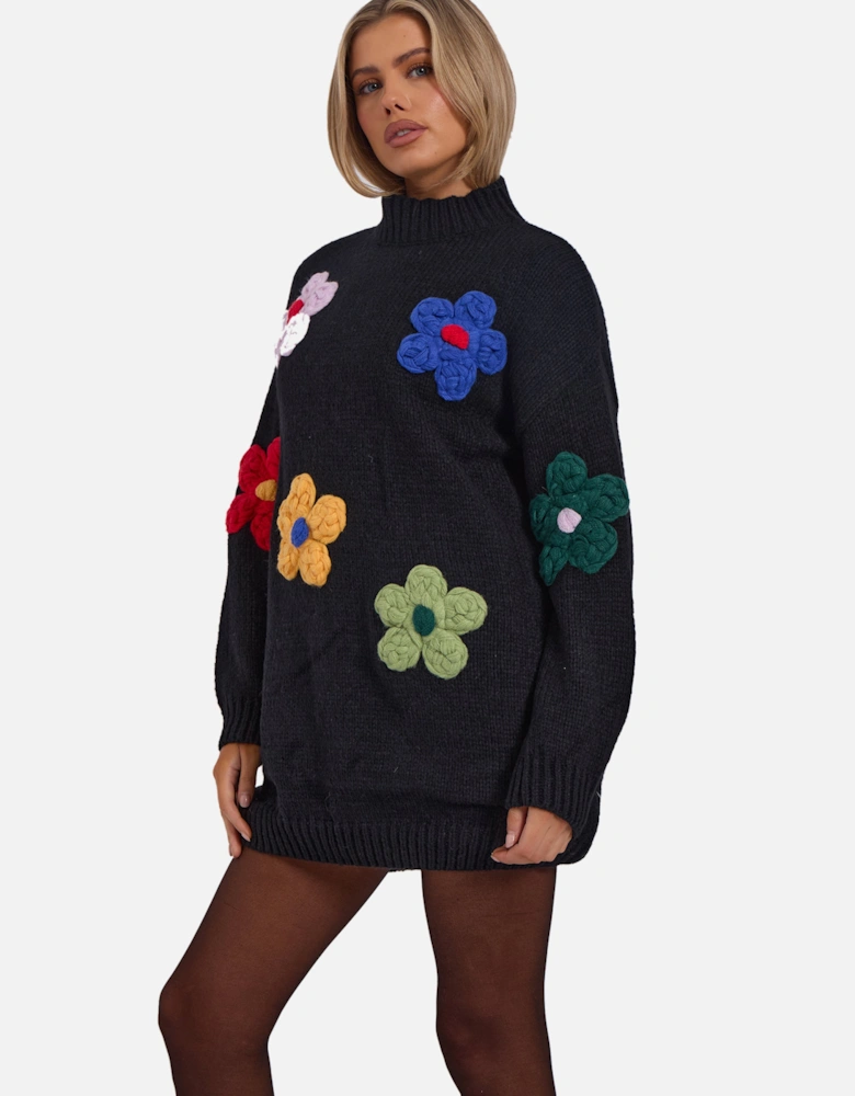 Black Floral Appliqué High Neck Oversized Jumper