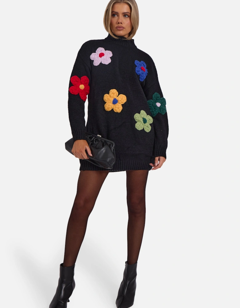 Black Floral Appliqué High Neck Oversized Jumper