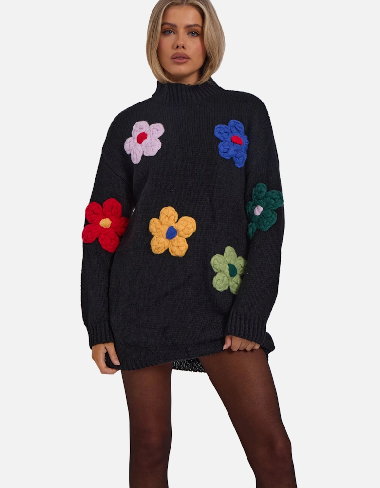 Black Floral Appliqué High Neck Oversized Jumper