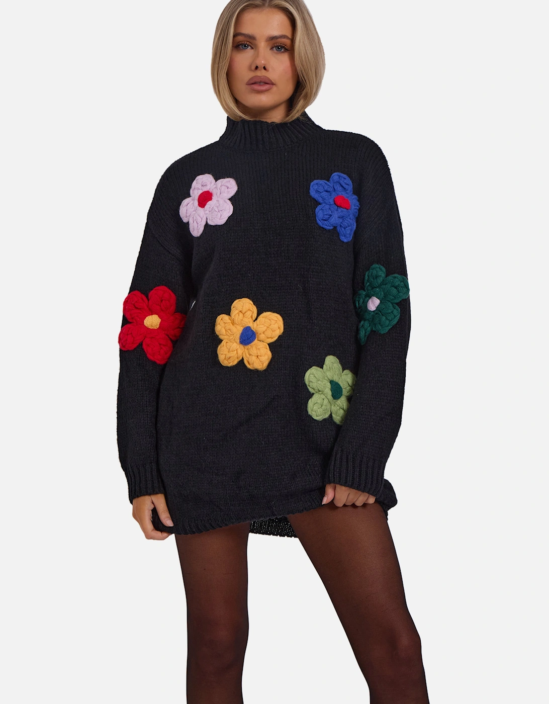 Black Floral Appliqué High Neck Oversized Jumper, 5 of 4