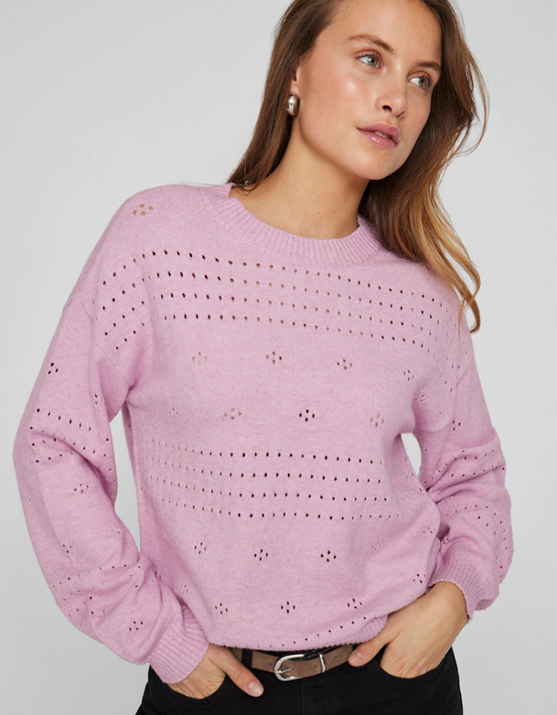 Viril Long Sleeve O-Neck Pointelle Knit Top Winsome Orchid Melange