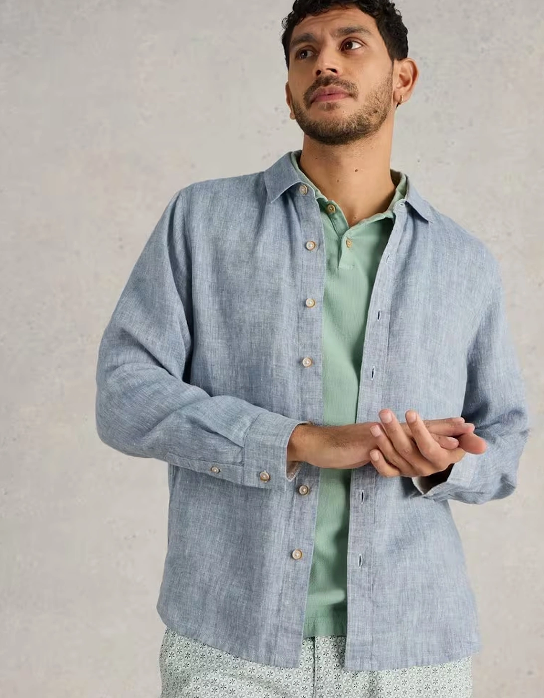 Men's Keswick Long Sleeve Linen Shirt Chambray Blue, 7 of 6