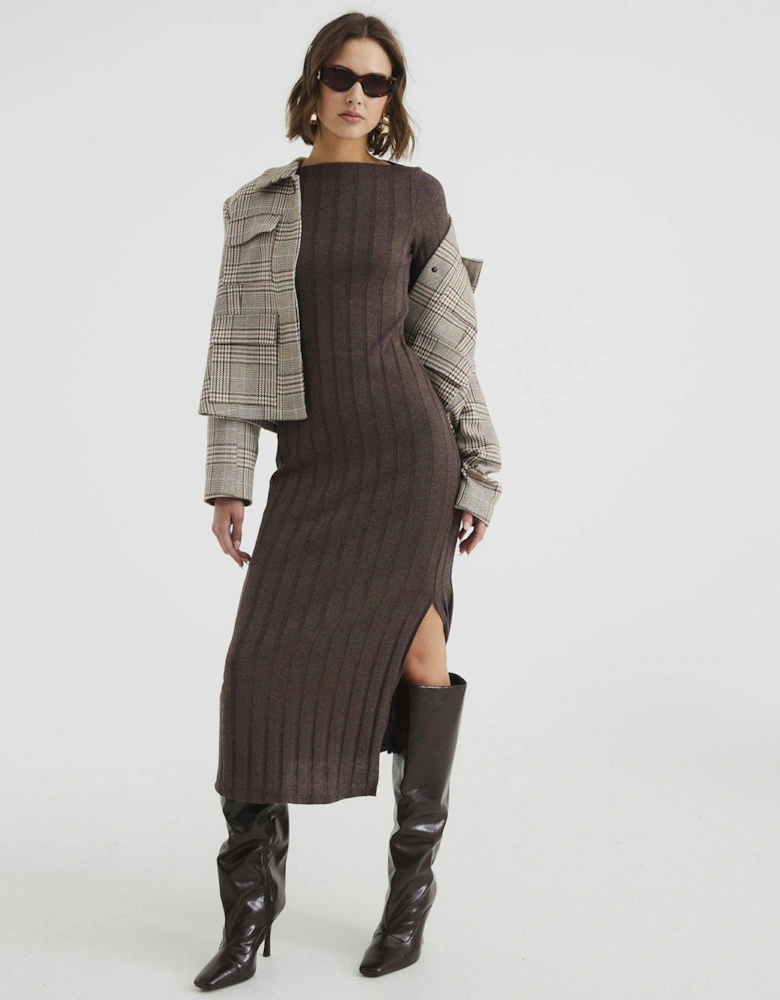 Cosy Rib Midi Dress - Dark Brown