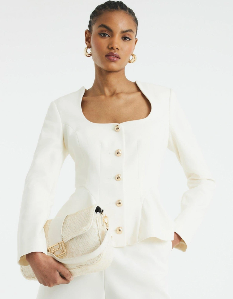 Peplum Button Front Blazer - Cream