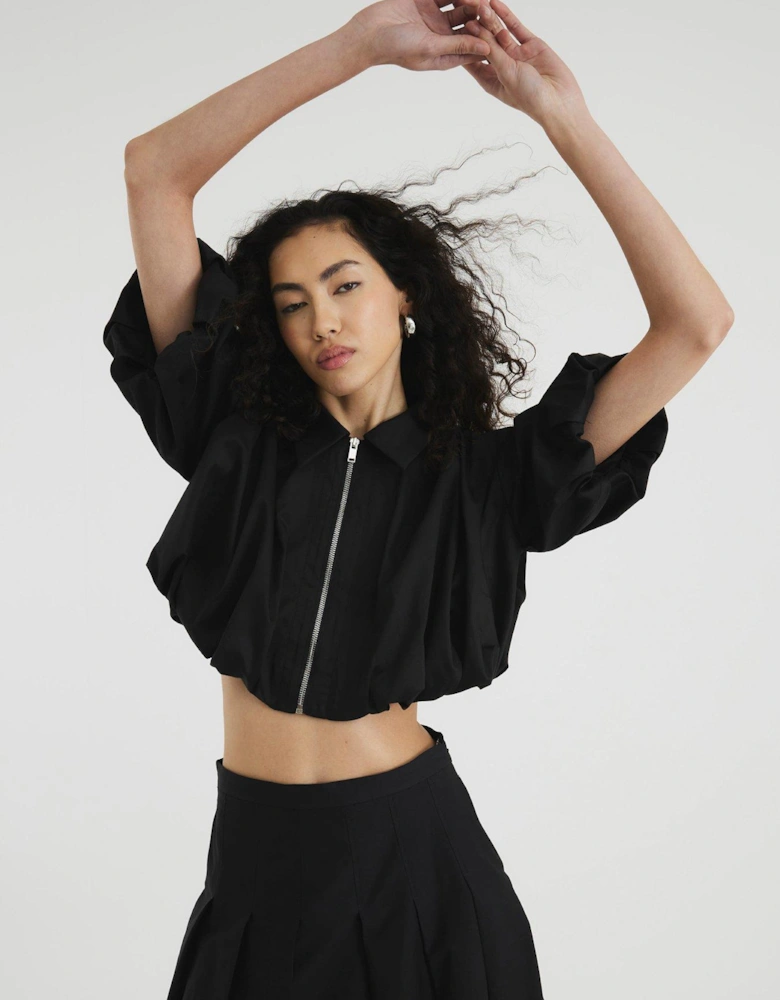 Zip Front Crop Shirt - Black