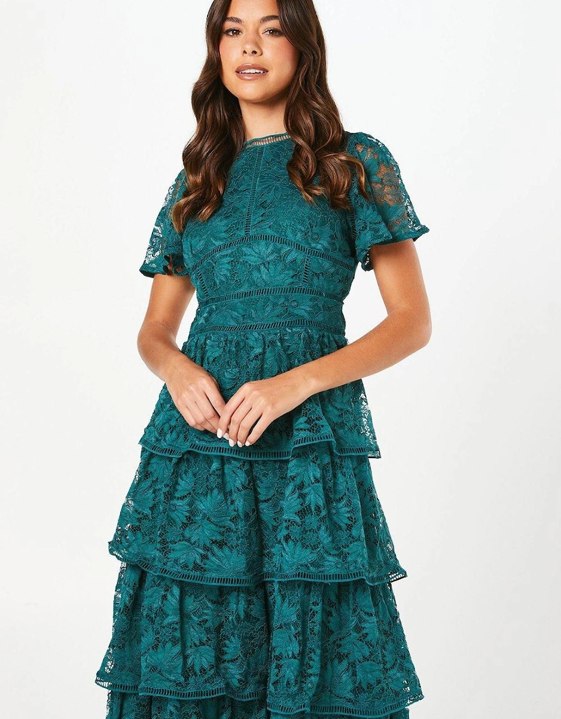 Petite Tiered Lace Dress With Flutter Sleeve & Trims