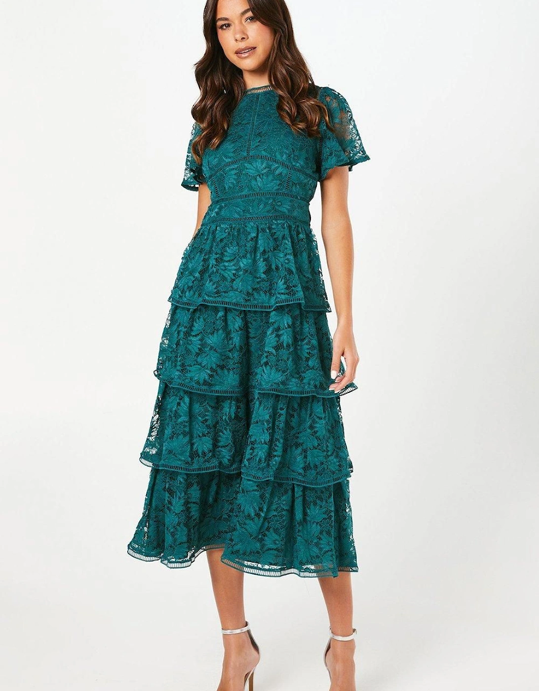 Petite Tiered Lace Dress With Flutter Sleeve & Trims, 6 of 5