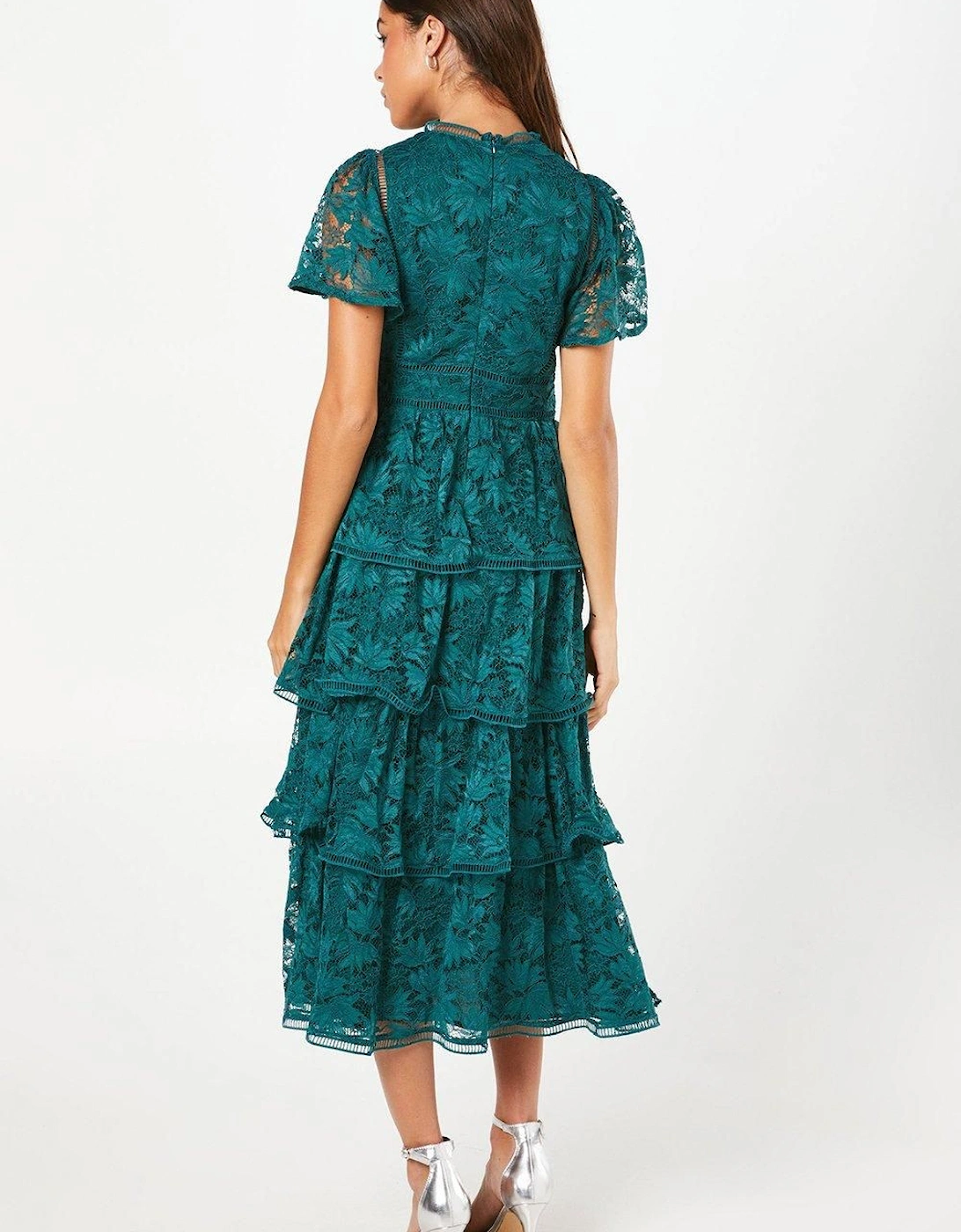 Petite Tiered Lace Dress With Flutter Sleeve & Trims