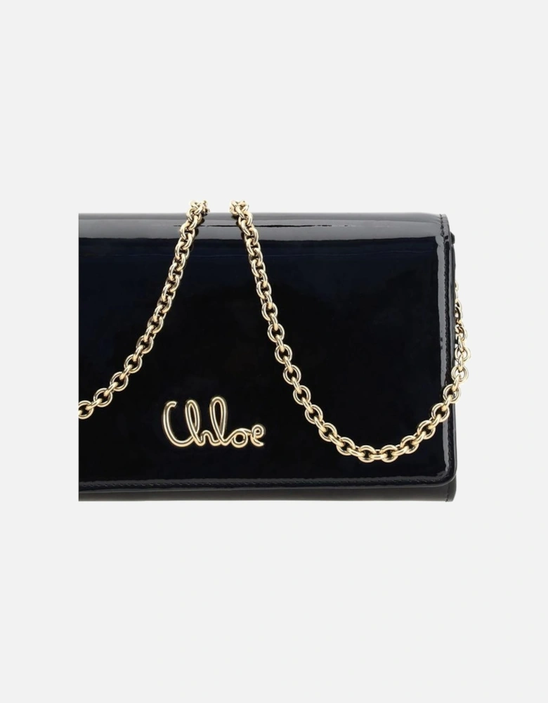 Glossy Leather Clutch Bag with Chain Strap Women - Black Shoulder Bags