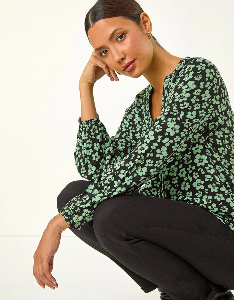 Floral Button Detail Pinktuck Top - Green