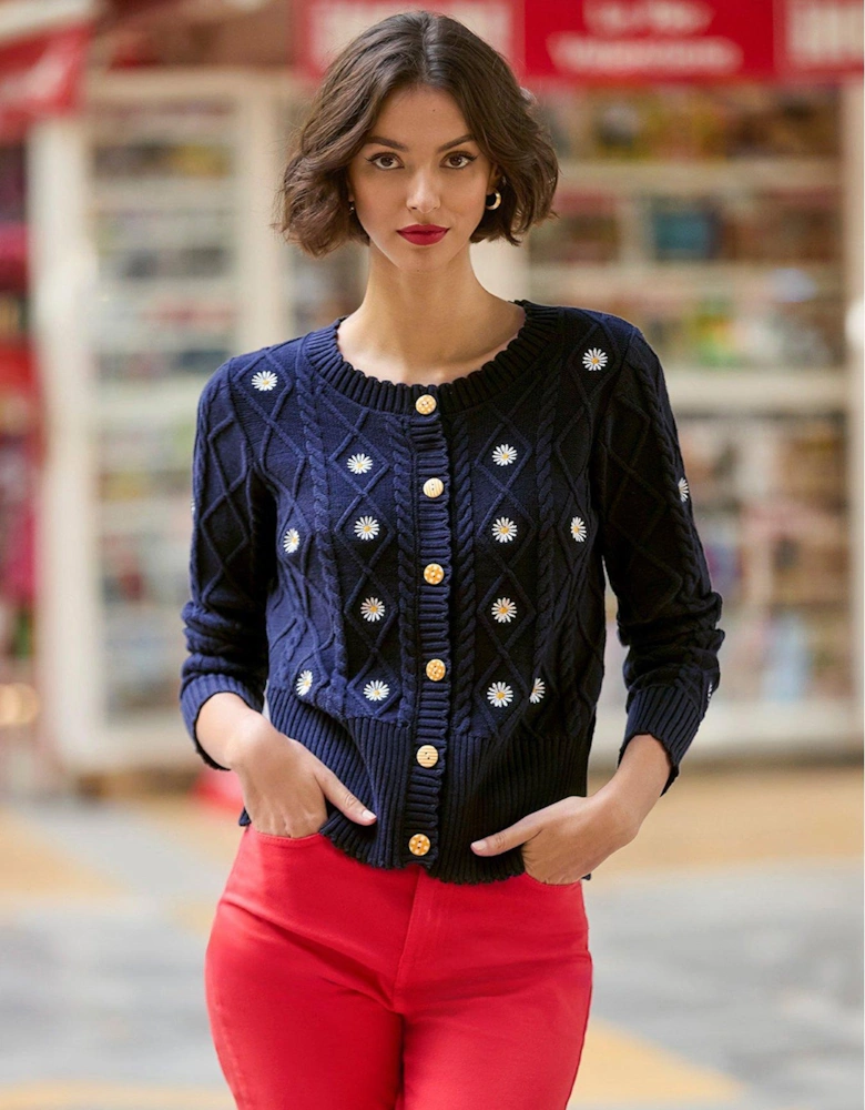 Daisy Embroidered Cable Knit Cardigan - Navy