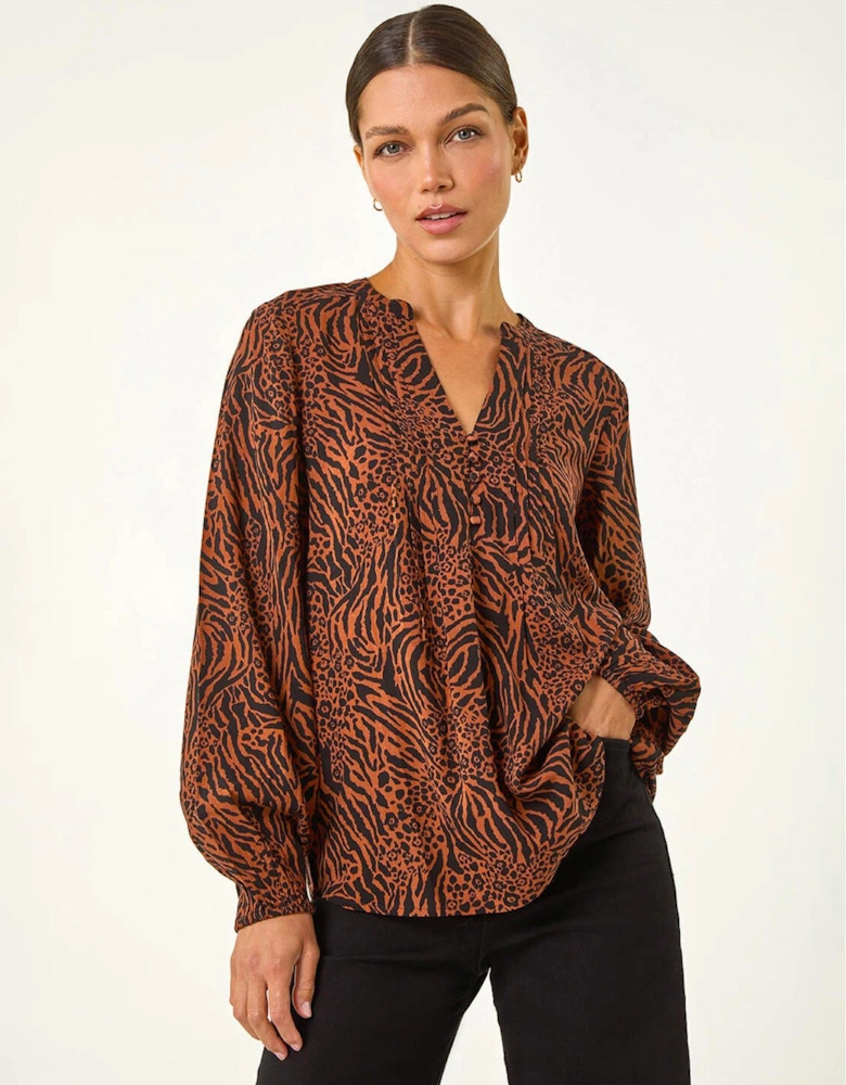 Animal Print Buttoned Pinktuck Top - Rust