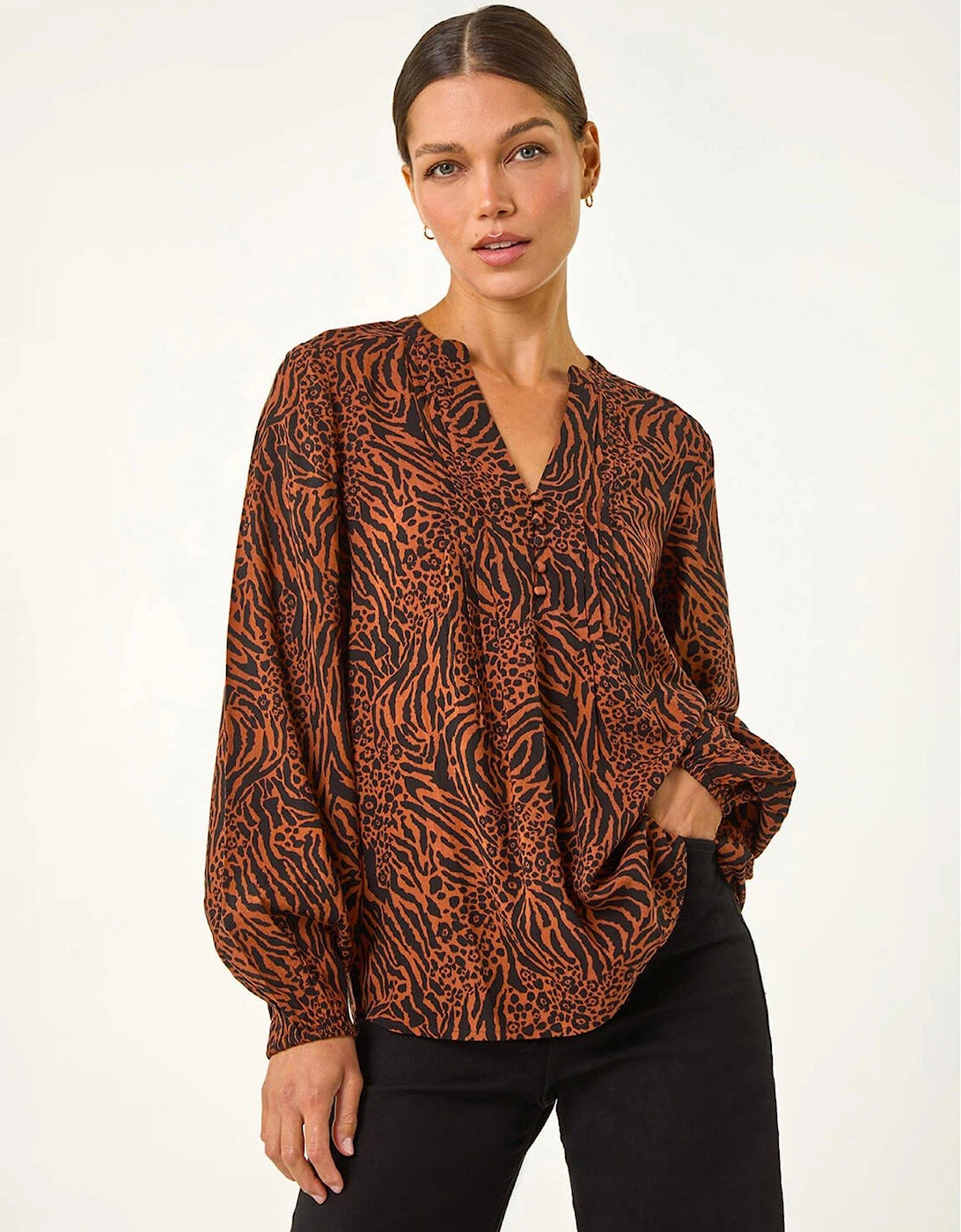 Animal Print Buttoned Pinktuck Top - Rust, 2 of 1