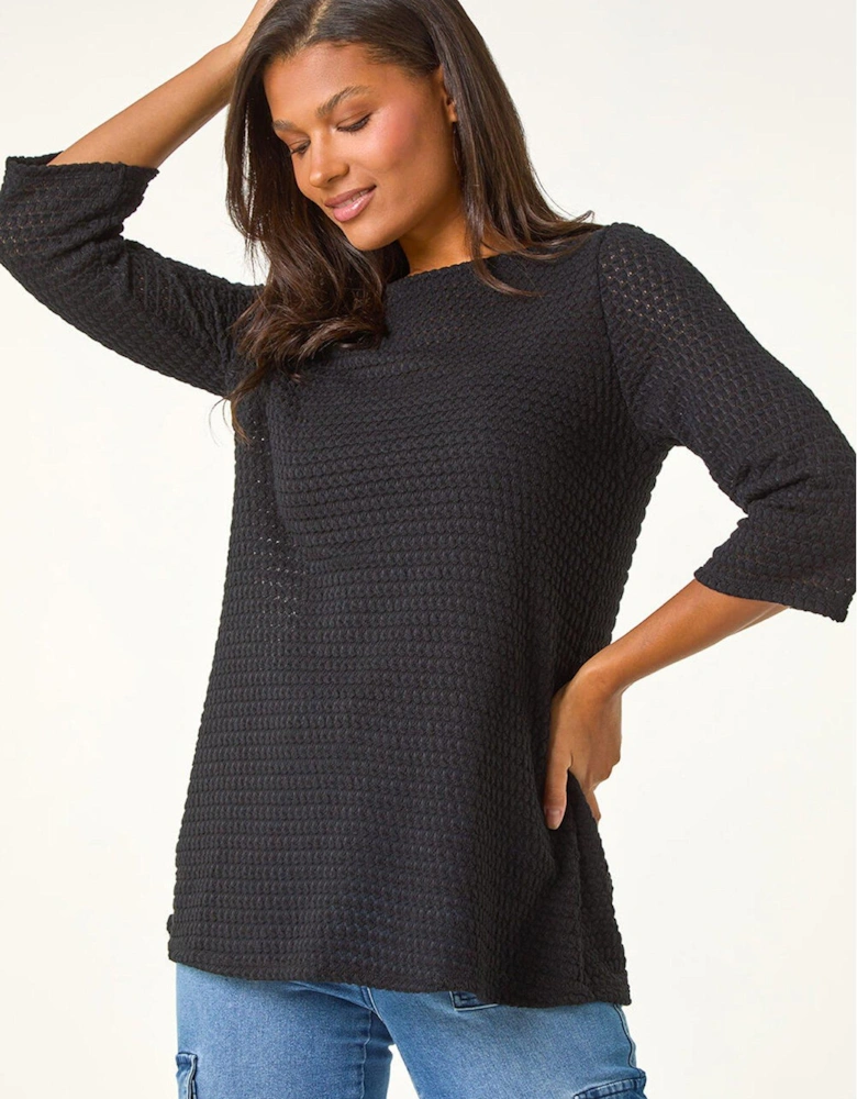 Crochet Knit Tunic Stretch Top - Black