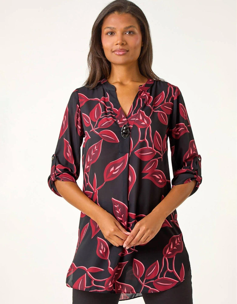 Leaf Print Button Detail Top - Red