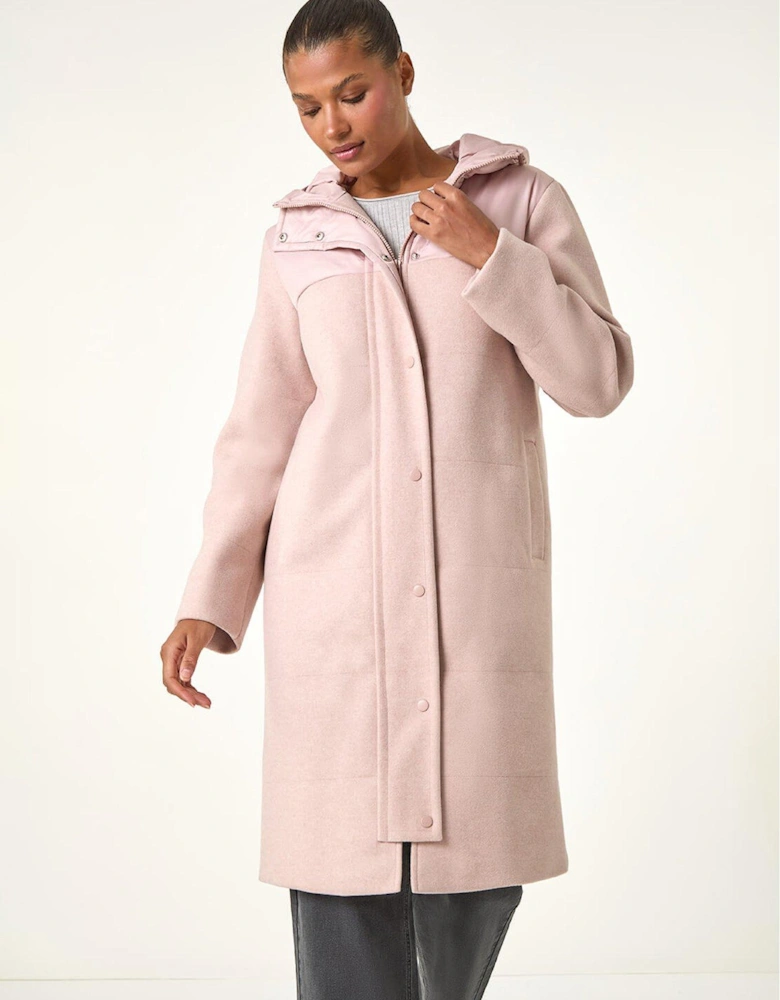 Mixed Fabric Pocket Detail Hooded Coat - Pink