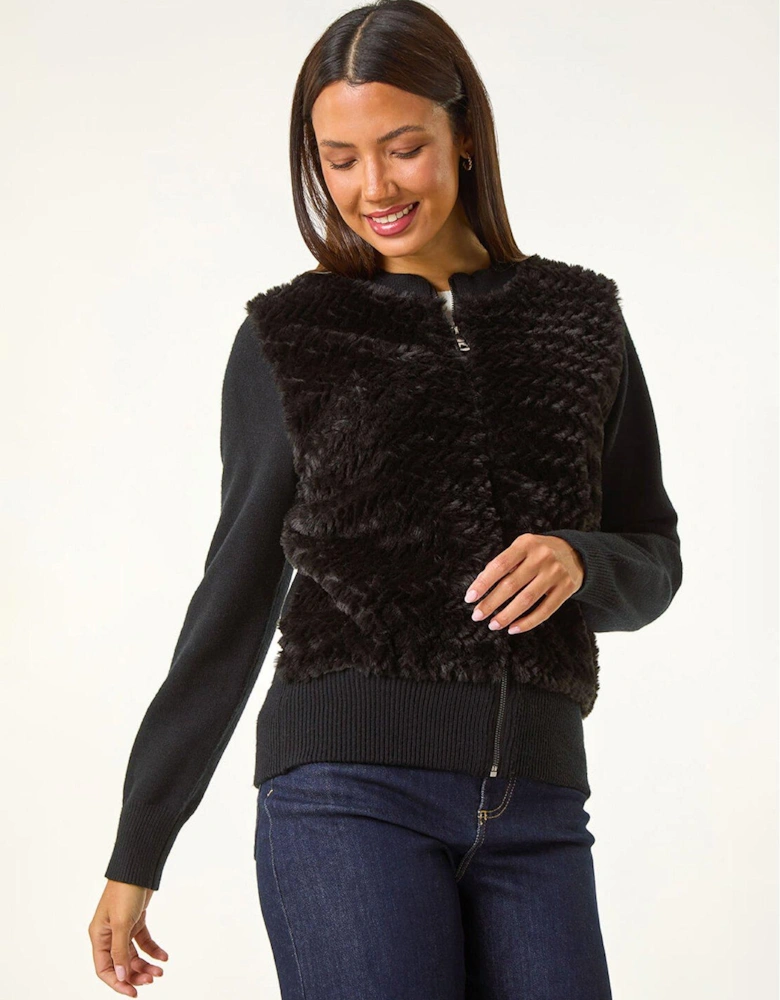 Faux Fur Funnel Neck Zip Jacket - Black