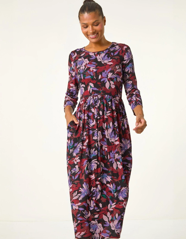 Floral Print Gathered Stretch Midi Dress - Purple