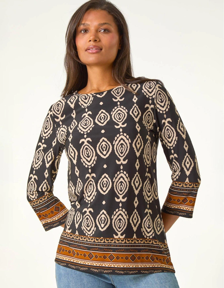 Ikat Border Hem Stretch Top - Brown