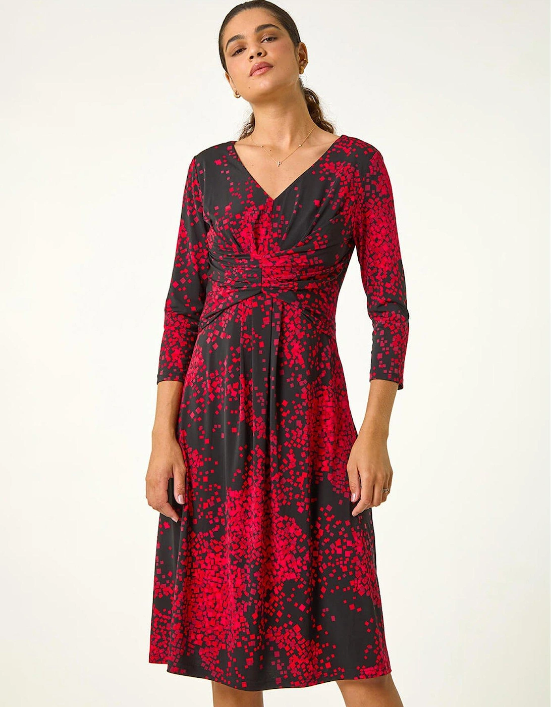 Abstract Print Ruched Stretch Midi Dress - Red, 2 of 1