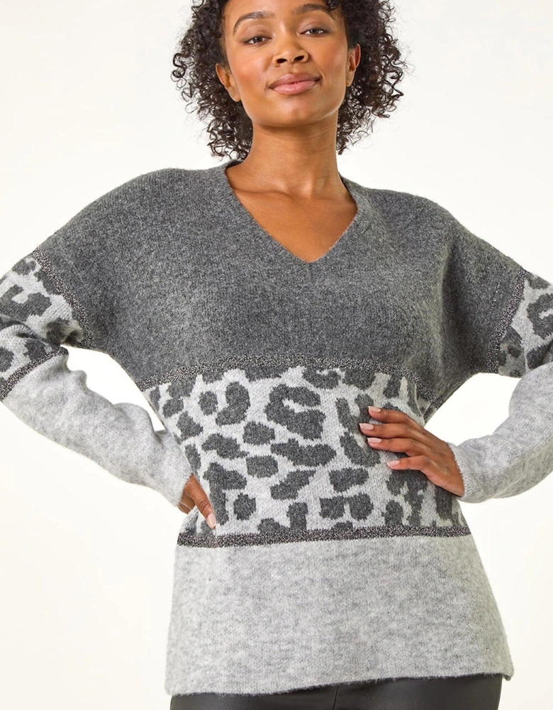 Petite Animal Colourblock Stretch Jumper - Grey