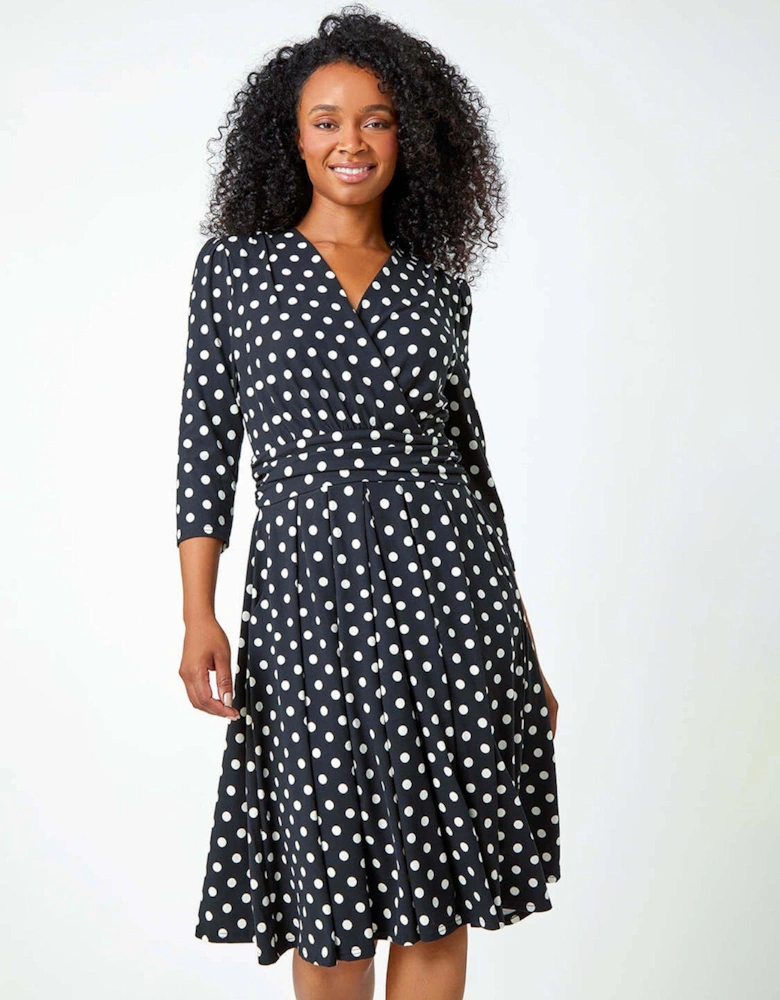 Petite Polka Dot Midi Stretch Dress - Black