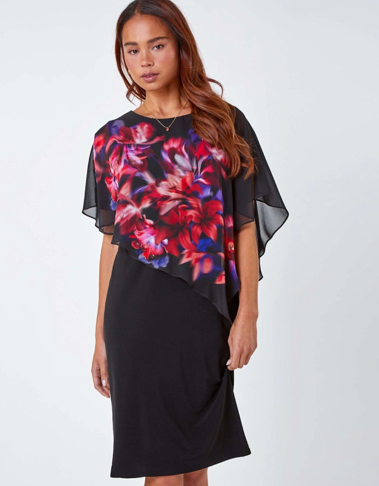 Petite Floral Chiffon Overlay Asymmetric Dress - Black