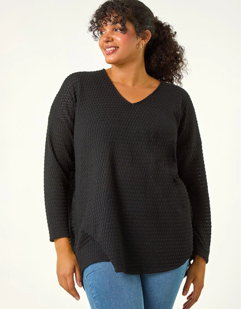 Curve V-neck Crotchet Knit Top - Black