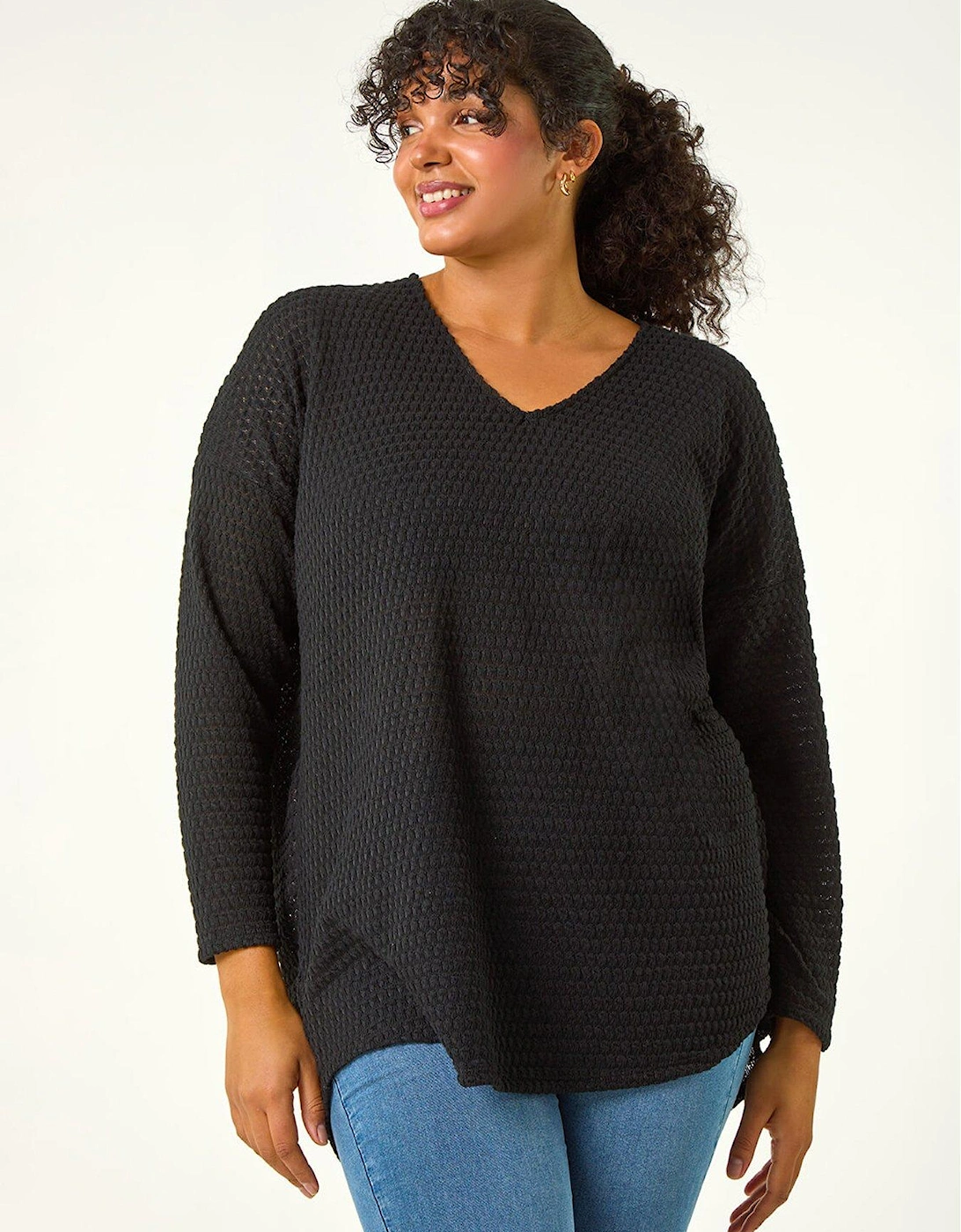 Curve V-neck Crotchet Knit Top - Black, 2 of 1