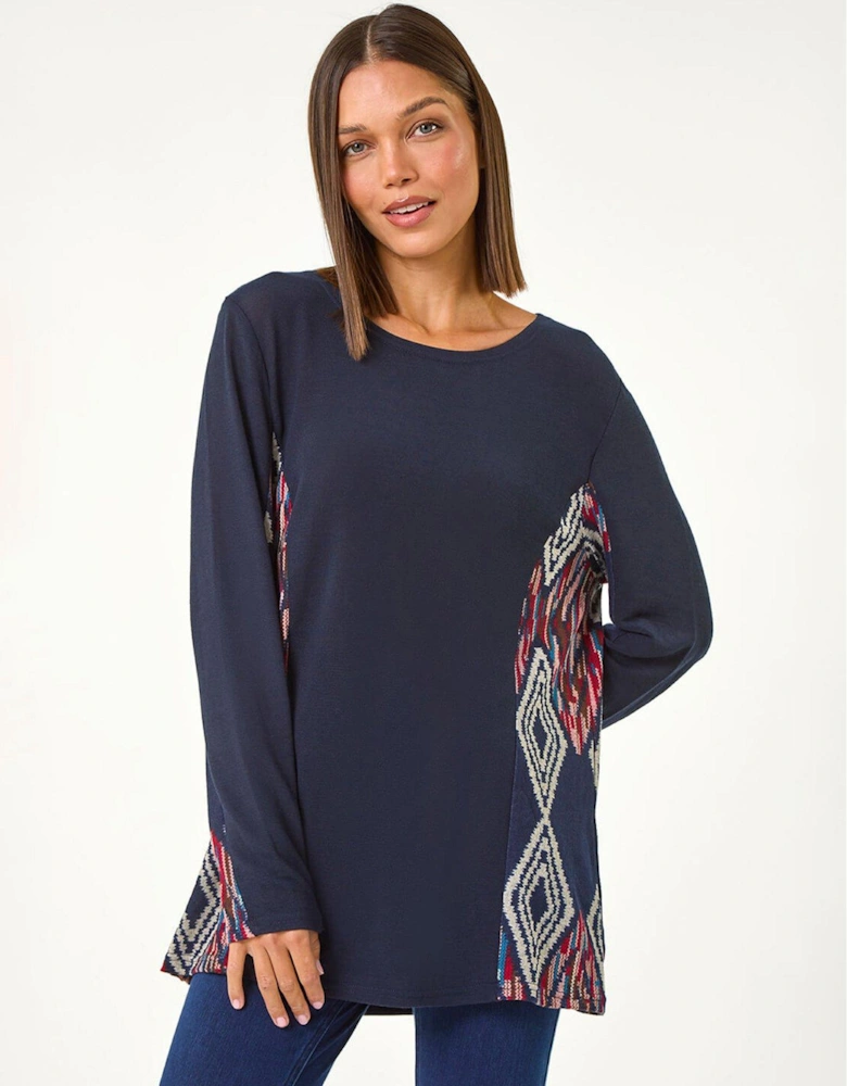 Side Printed Stretch Tunic Top - Midnight Blue