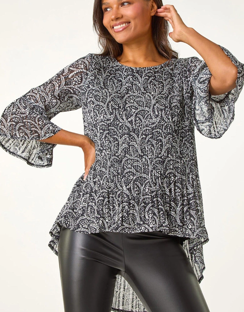 Floral Print Pleated Tunic - Black