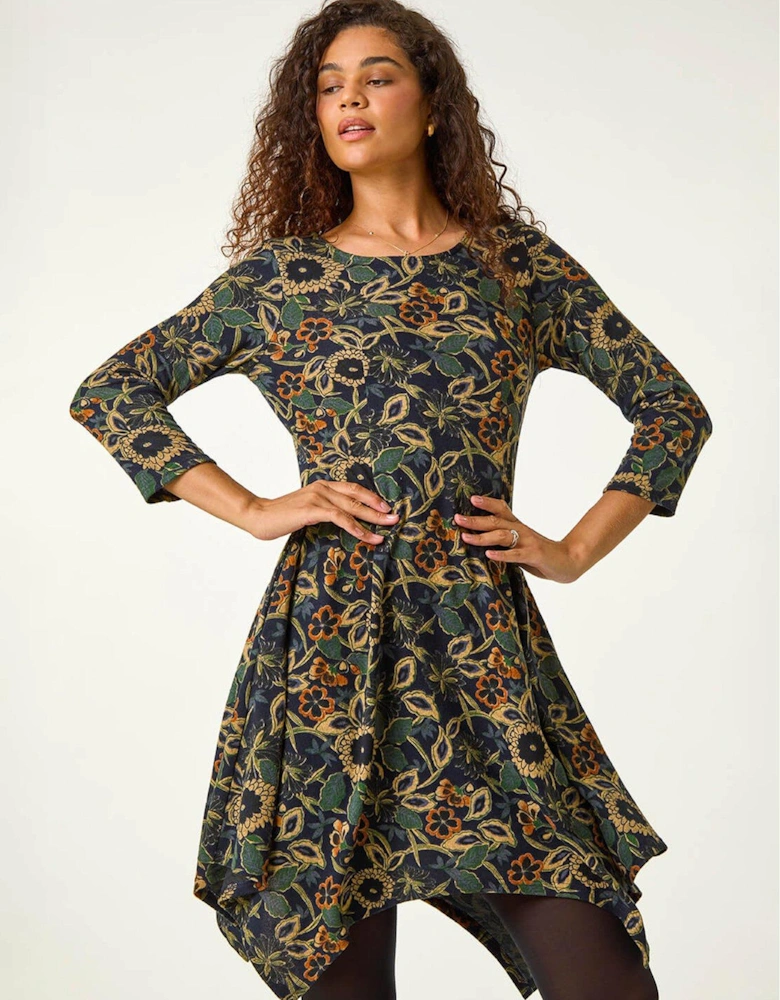 Floral Print Hanky Hem Stretch Dress - Green