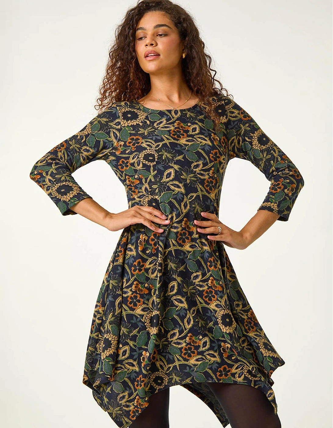 Floral Print Hanky Hem Stretch Dress - Green, 2 of 1