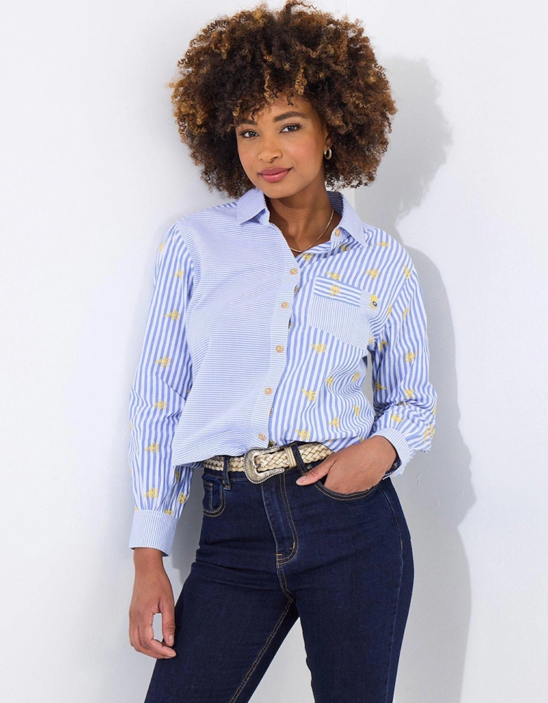 Daisy Embroidered Stripe Cotton Shirt - Blue