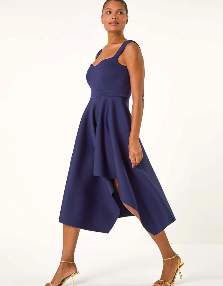 Asymmetric Flared Hem Midi Dress - Navy