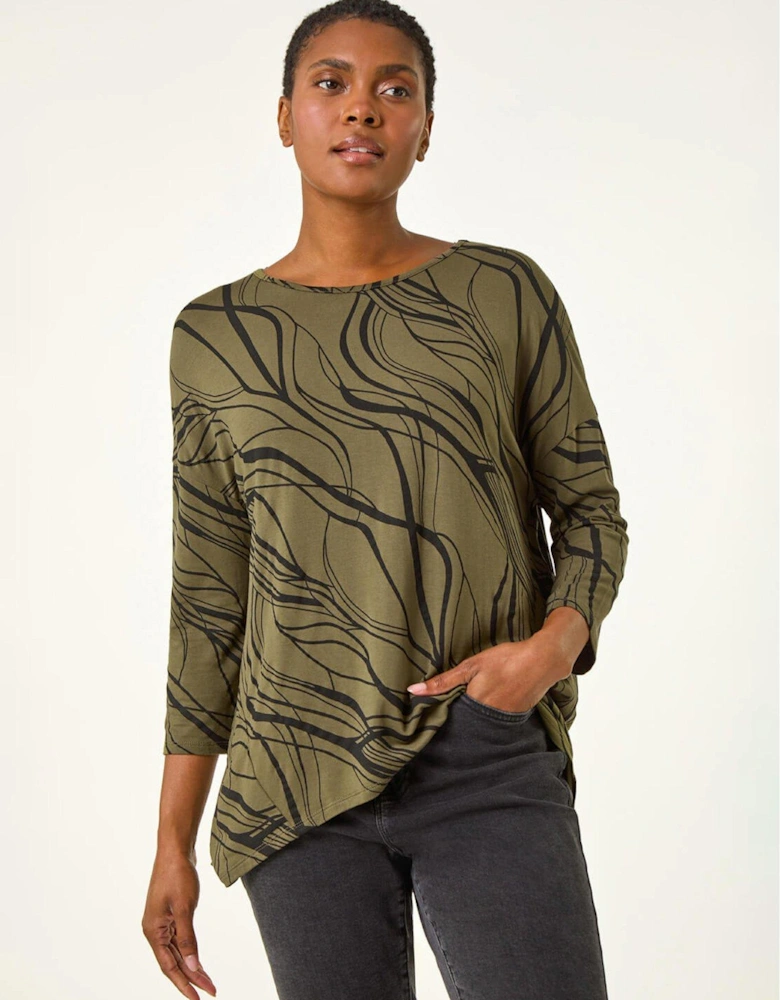 Abstract Line Print Stretch Jersey Top - Khaki