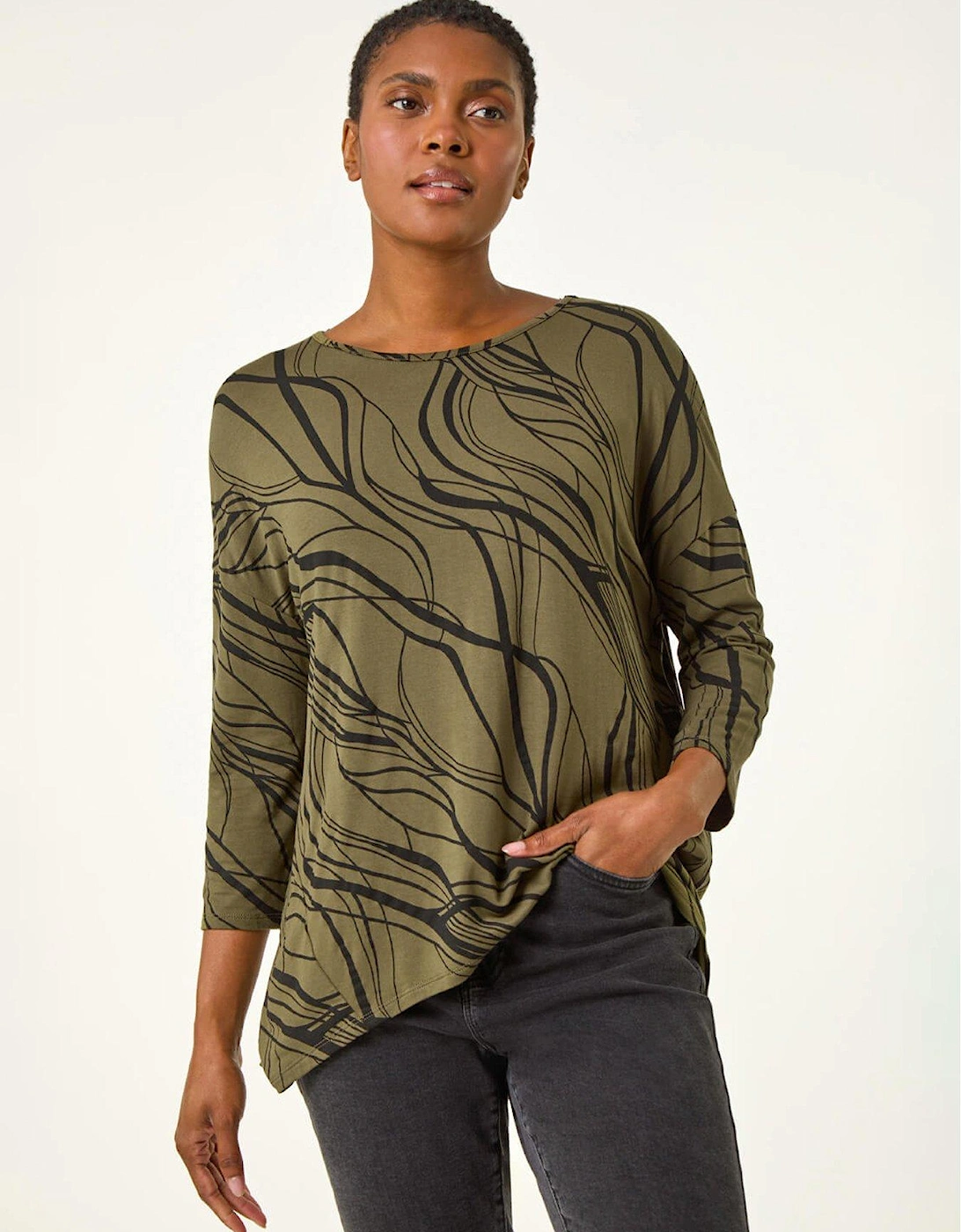 Abstract Line Print Stretch Jersey Top - Khaki, 2 of 1