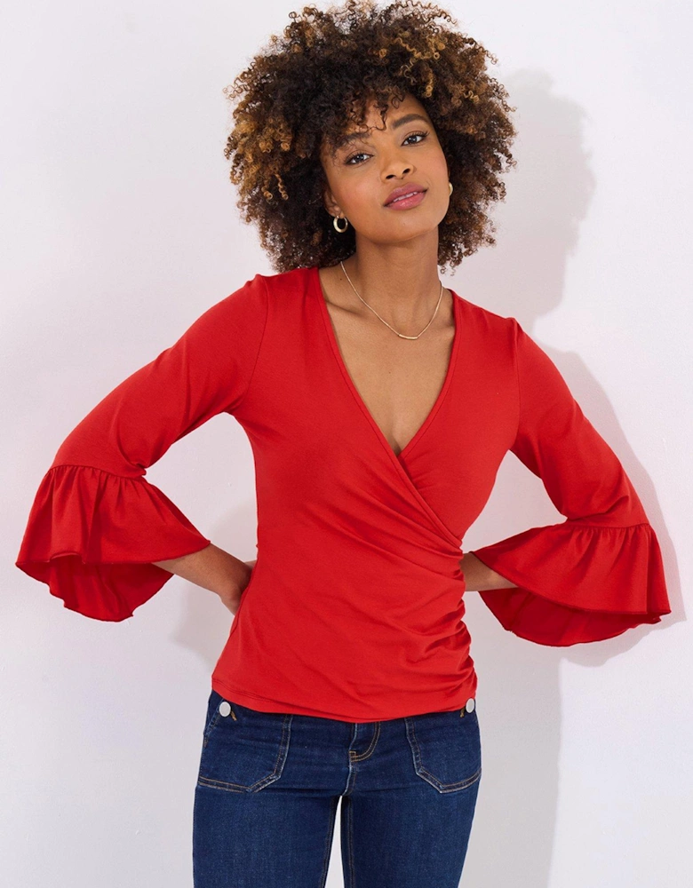 Marcie Frill Sleeve Jersey Wrap Top - Red