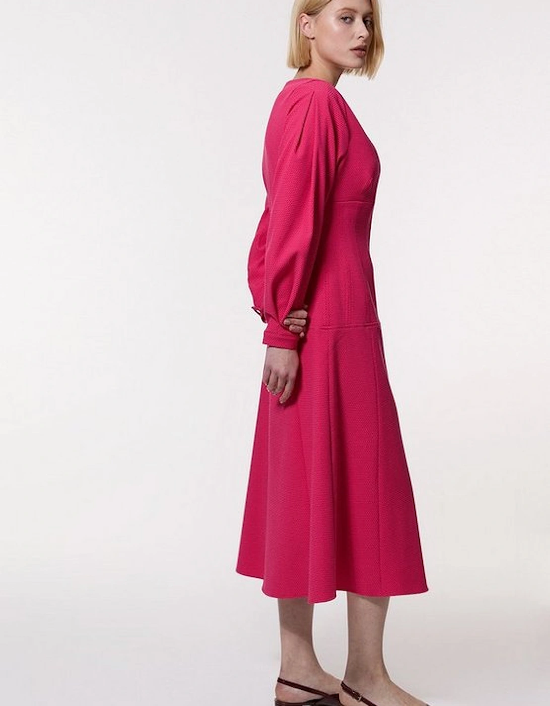 Textured Tailored Dropped Waist Sleeved Midaxi Dress