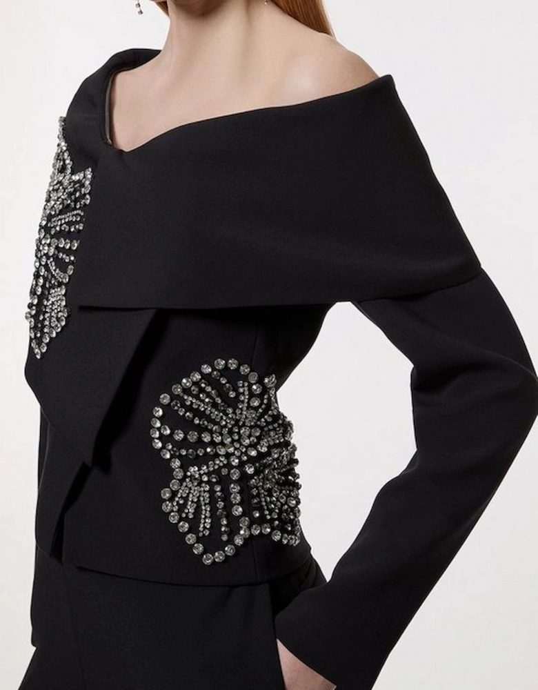 Placed Floral Crystal Embellished Tailored Asymmetric Jacket