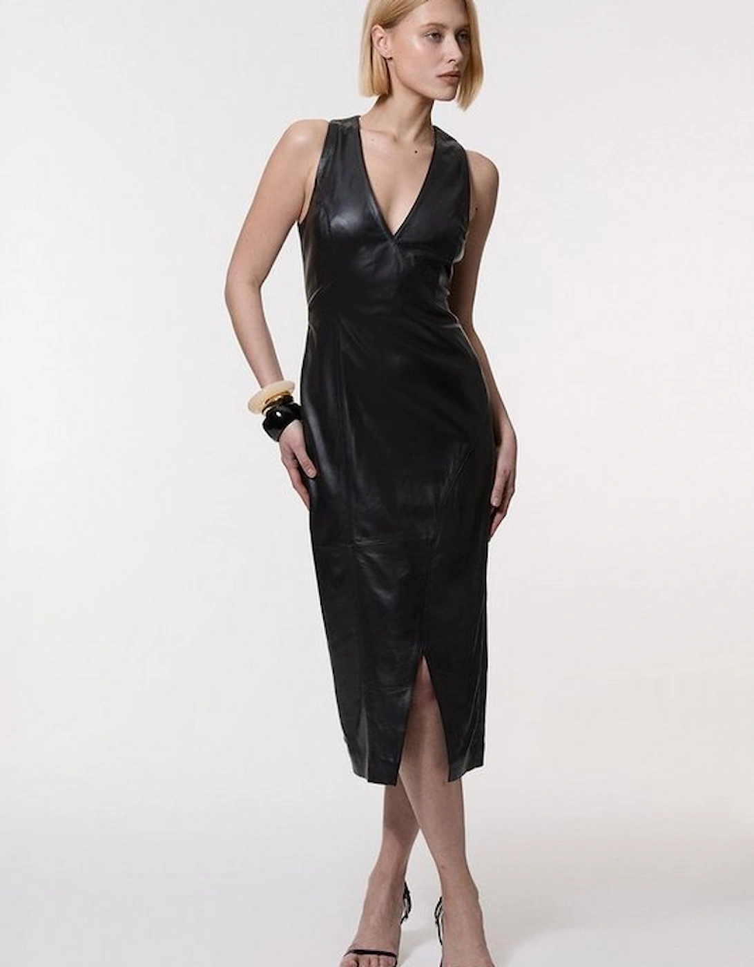 Leather Wrap Seam Pencil Midi Dress, 5 of 4