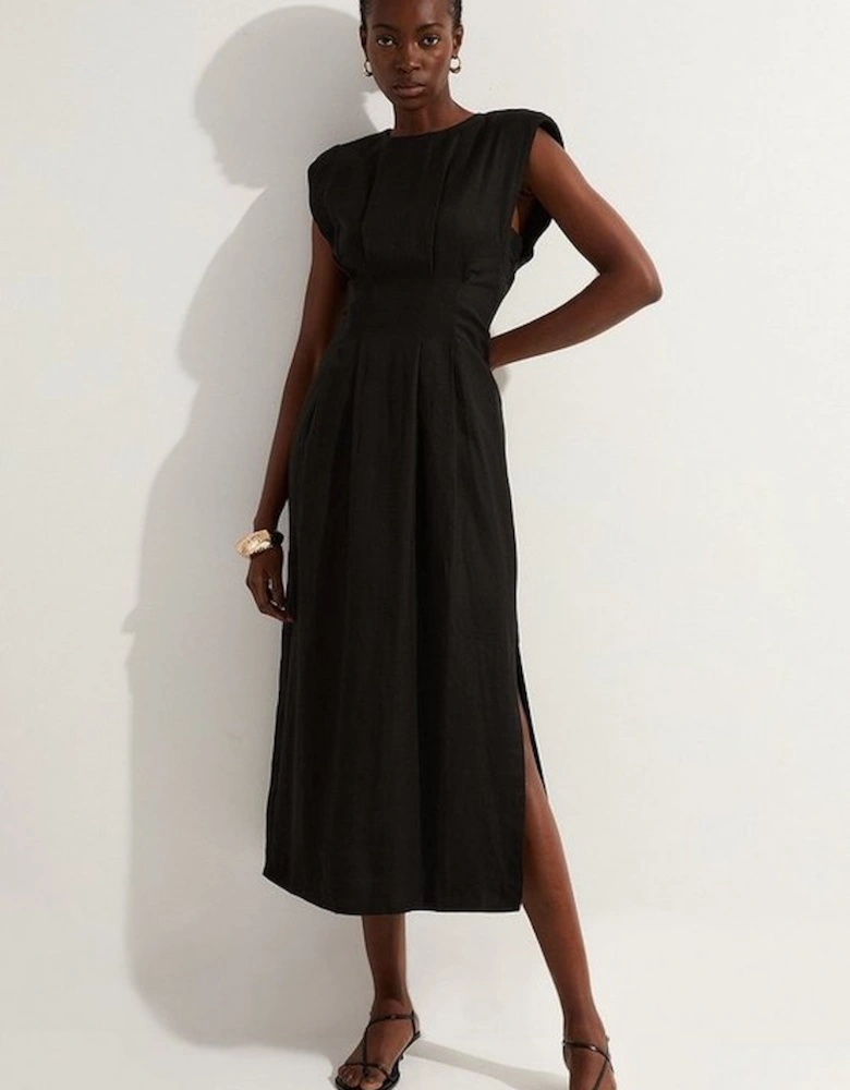 Viscose Linen Woven Pintuck Midi Dress