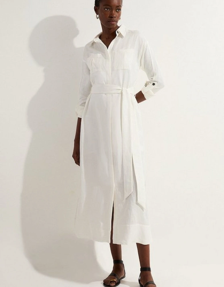 Viscose Linen Woven Belted Shirt Midi Dress