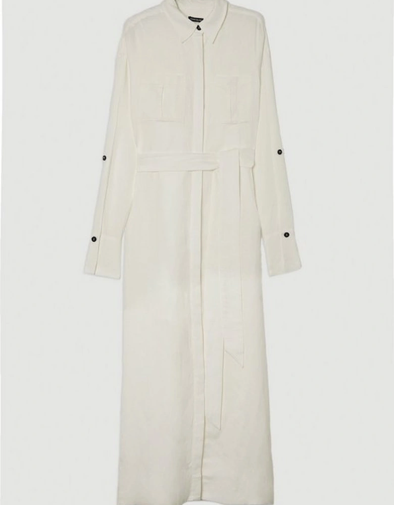 Viscose Linen Woven Belted Shirt Midi Dress