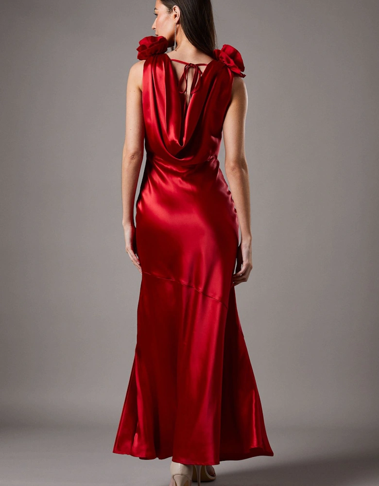 Statement Corsage Satin Maxi Dress