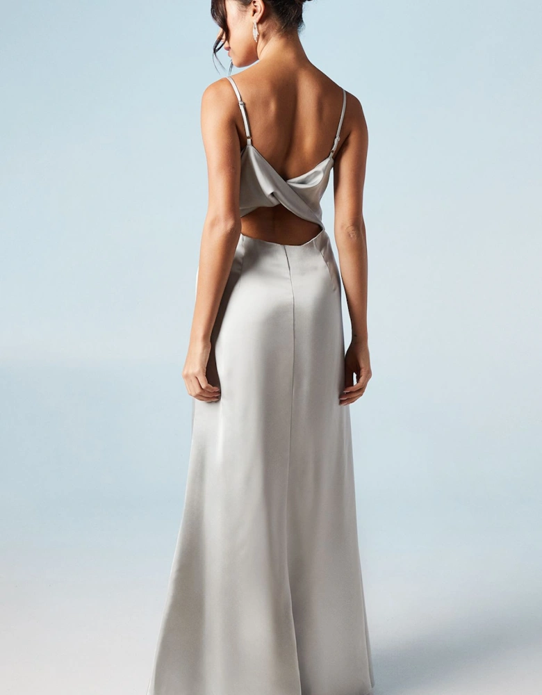 Cami Wrap Twist Back Satin Bridesmaids Maxi Dress