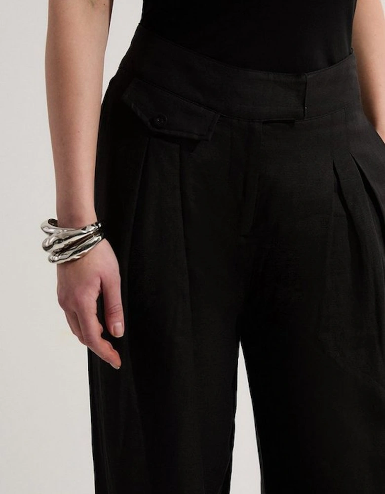 Viscose Linen Pleat And Pocket Detail Woven Straight Leg Trouser