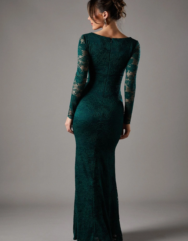 Lace Maxi Dress With Square Neck & Long Sleeve